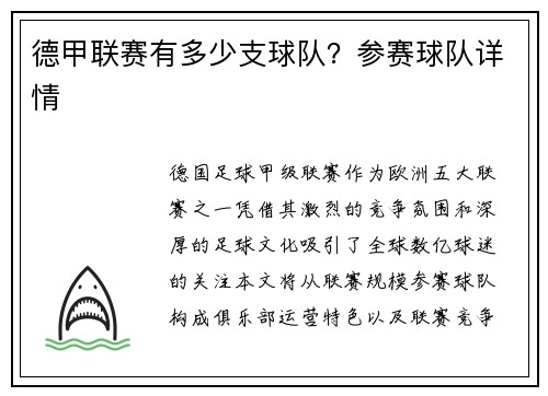 德甲联赛有多少支球队？参赛球队详情